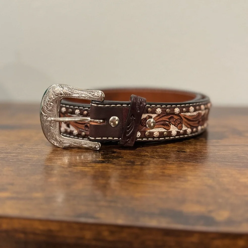 Twisted X Western Leather Belt Tooled Floral Studded Brown XL